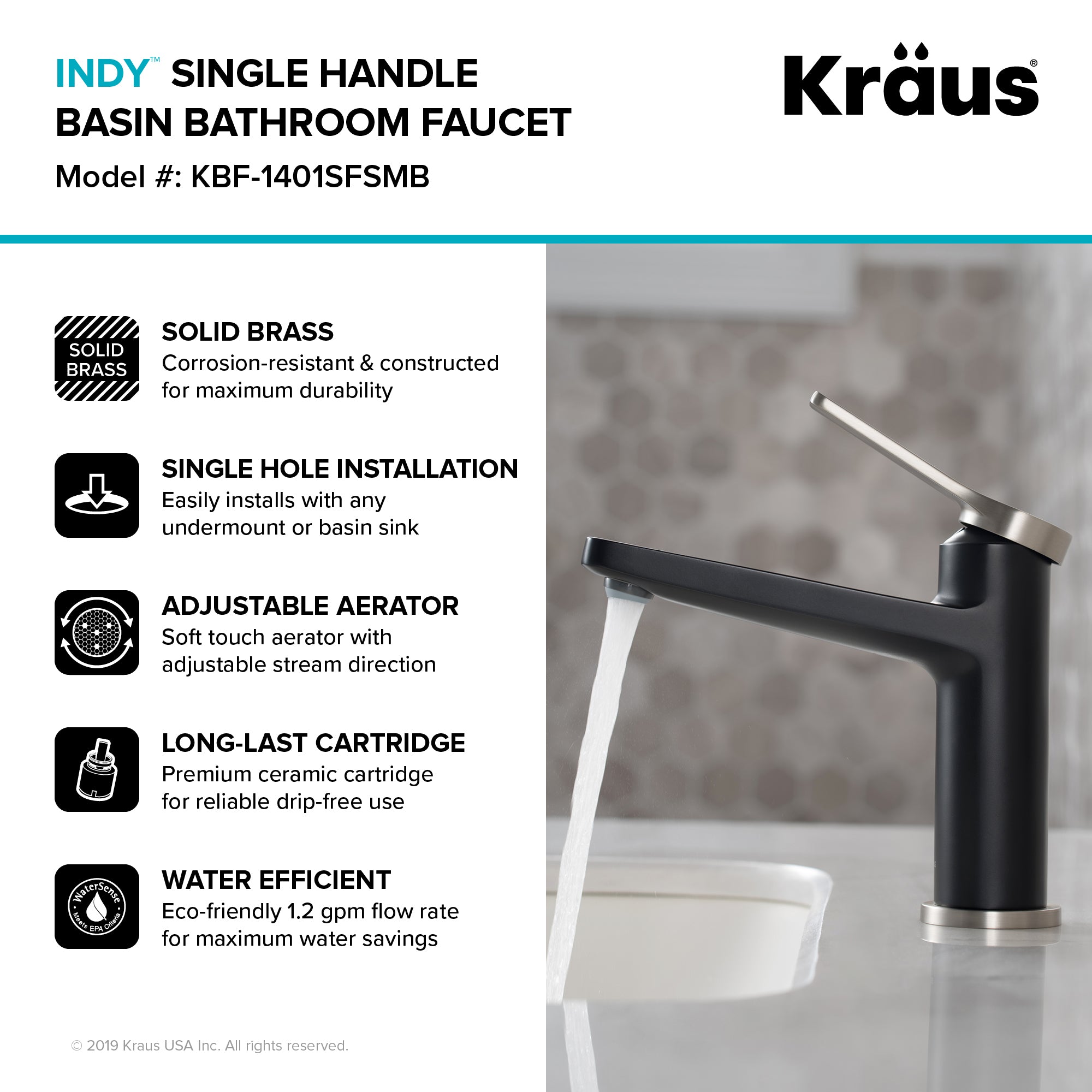 KRAUS Indy Single Handle Bathroom Faucet with Matching Pop-Up Drain in Spot Free Stainless Steel/Matte Black/Matte Black