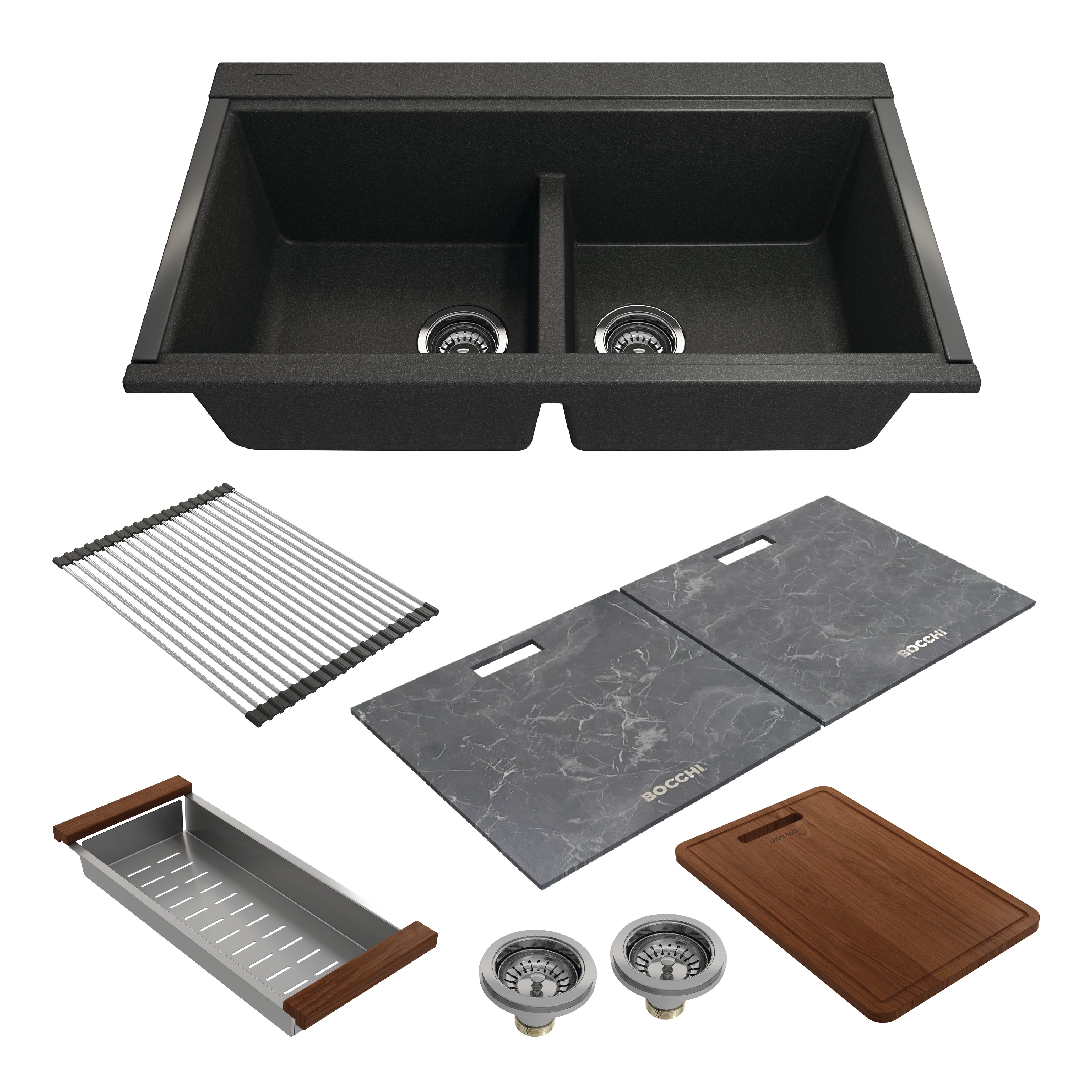 Bocchi 34" Undermount Double Bowl Composite Workstation Kitchen Sink with Covers in Metallic Black