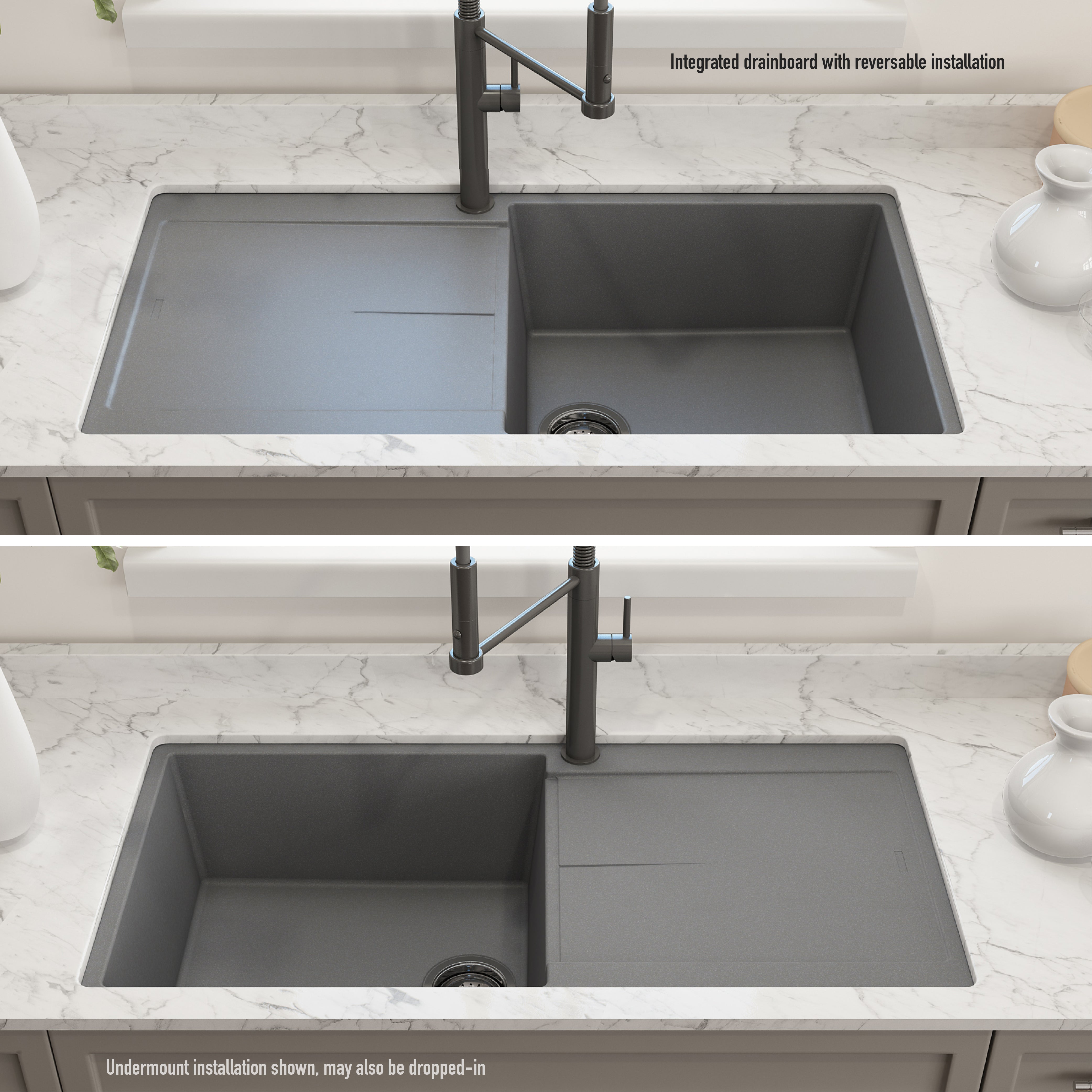 Bocchi 20" Dual-Mount Composite Kitchen Sink with Drain Board in Concrete Gray