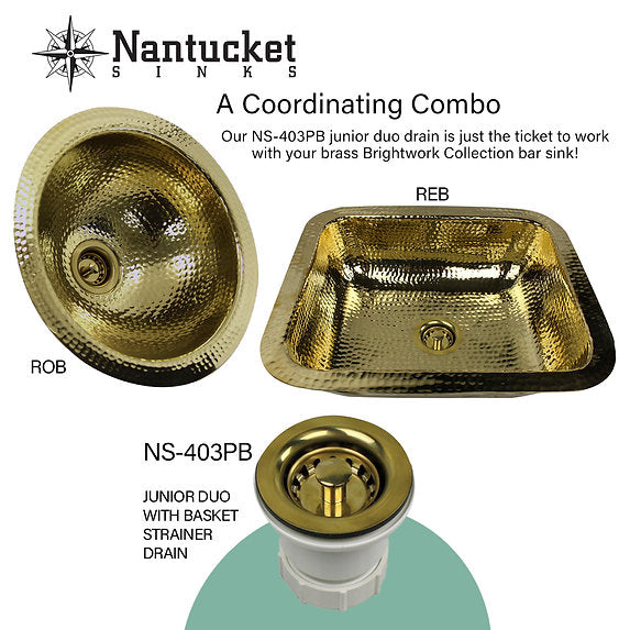 Nantucket Sinks REB 17.5" x 14.5" Hammered Brass Rectangle Undermount Bar Sink