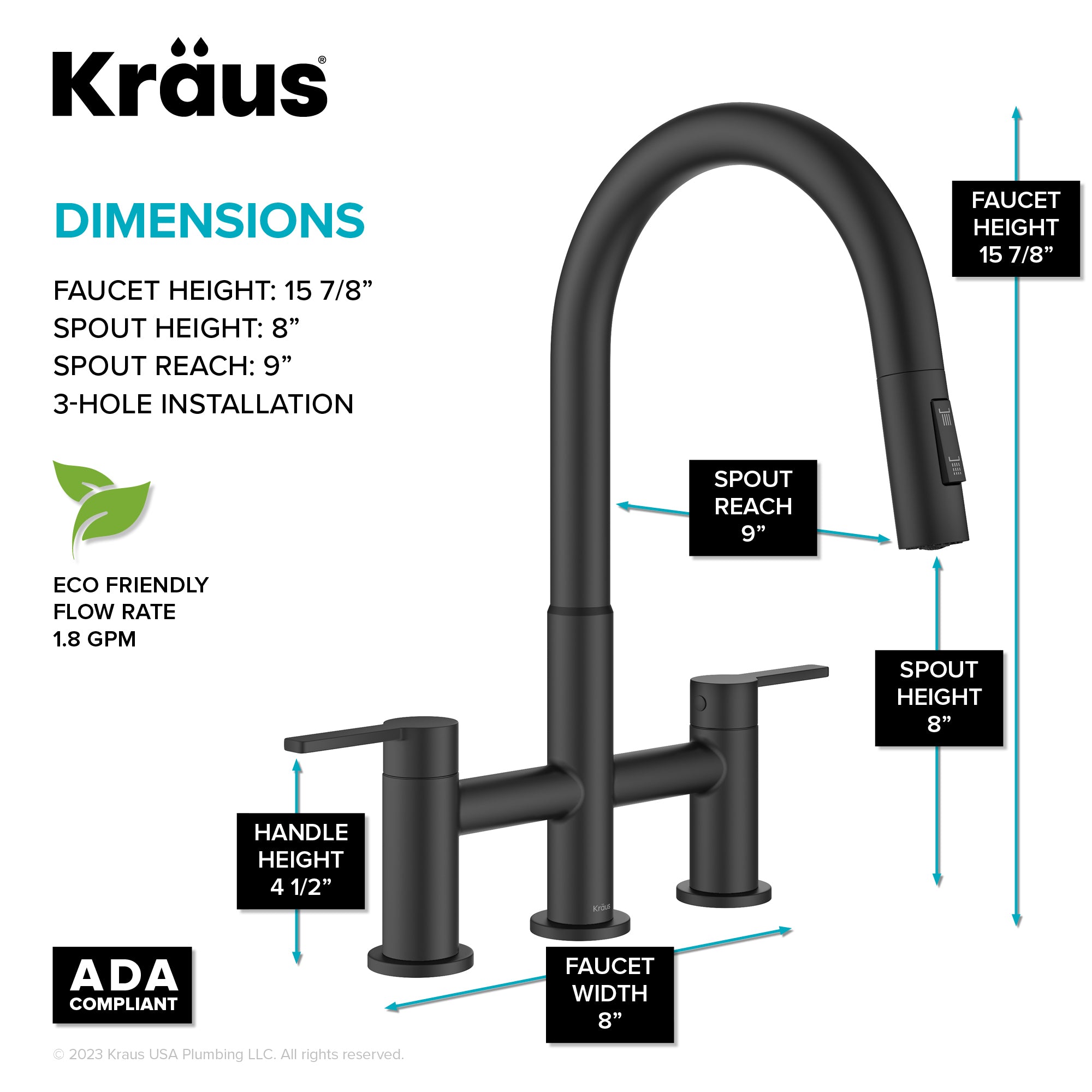 KRAUS Contemporary Bridge Kitchen Faucet with Spray-Head in Matte Black