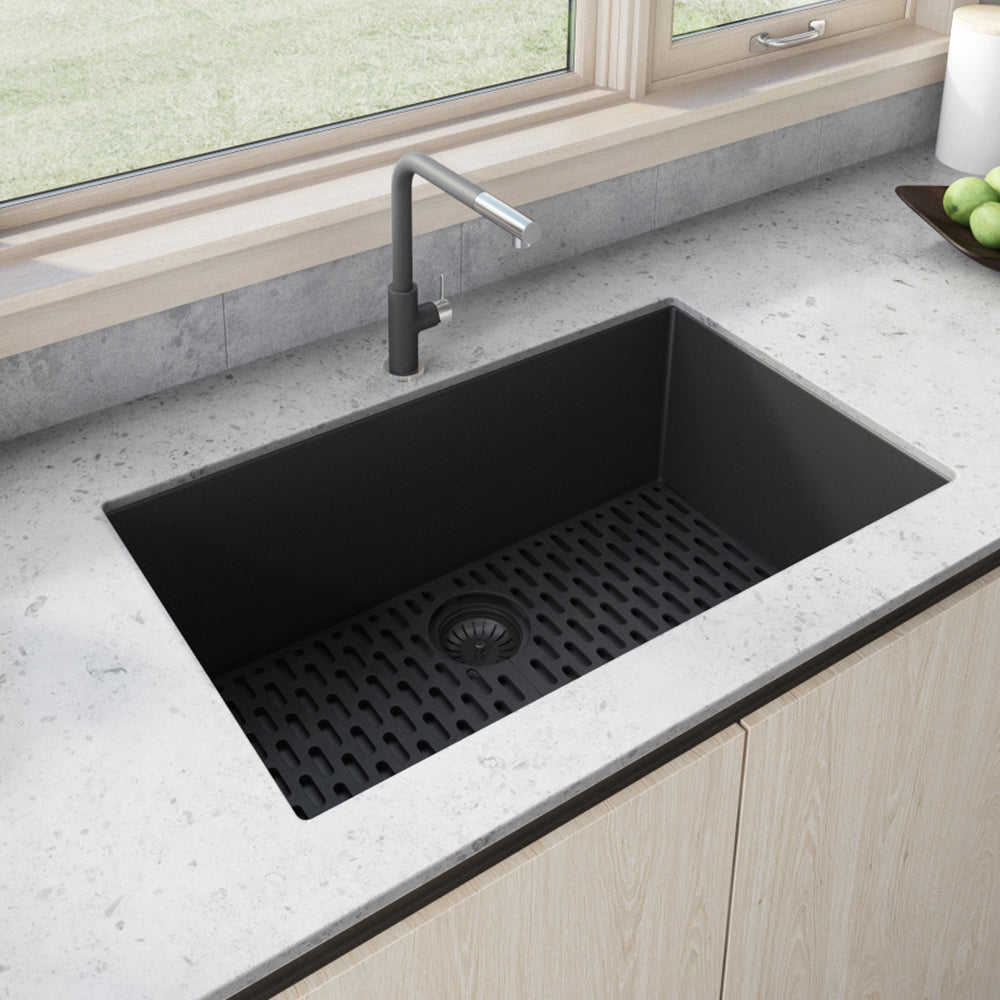 Ruvati 27" Composite Undermount Single Bowl Kitchen Sink in Midnight Black