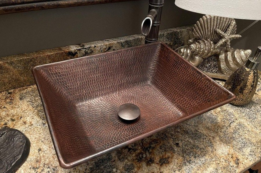 Premier Copper Products 17" Rectangle Wired Rim Vessel Hammered Copper Sink