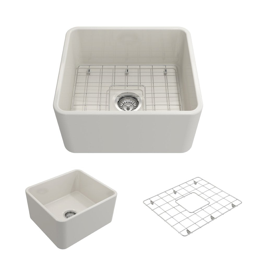 Bocchi Classico Farmhouse Apron Front Fireclay 20" Single Bowl Kitchen Sink with Protective Bottom Grid and Strainer, Available in 9 colors!