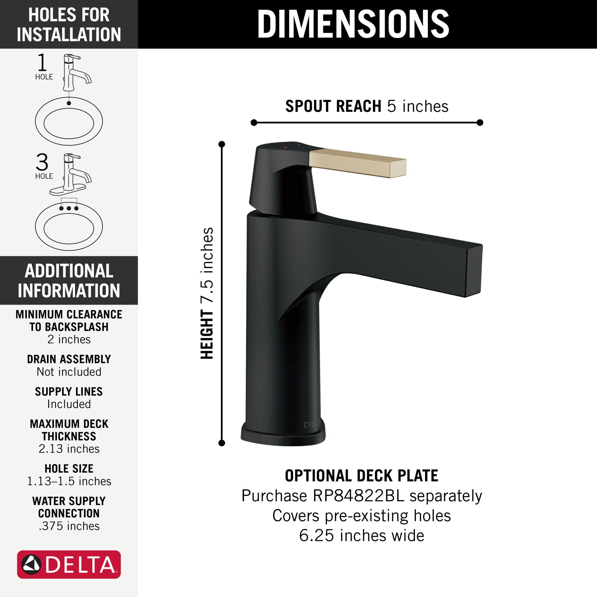 Delta Zura Single Handle Bathroom Faucet with Drain in Black and Champagne Bronze