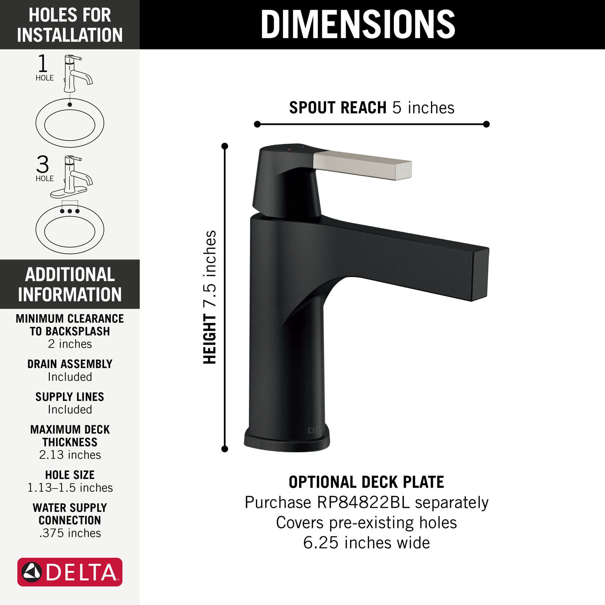 Delta Zura Single Handle Bathroom Faucet with Drain in Stainless and Black