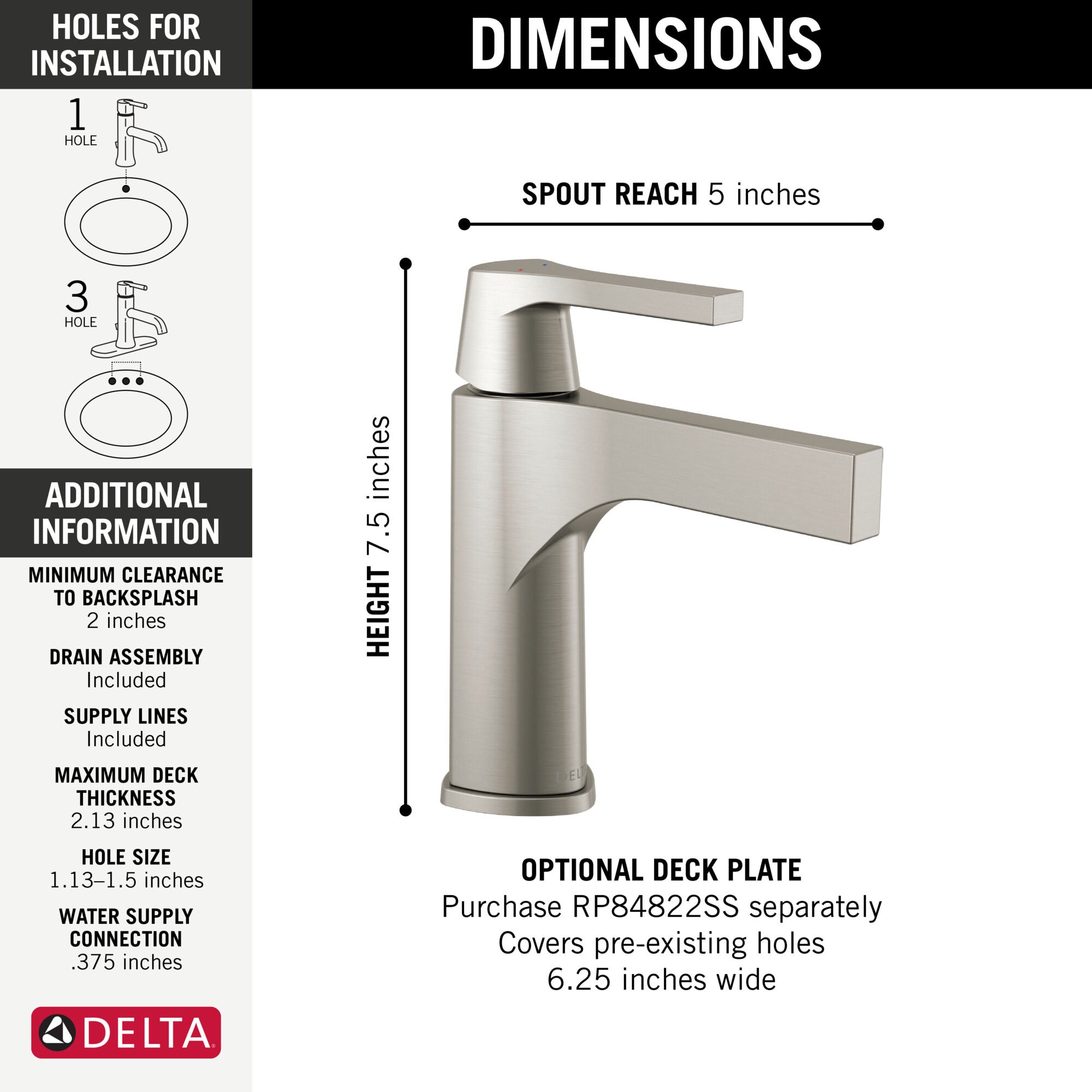 Delta Zura Single Handle Bathroom Faucet with Drain in Stainless