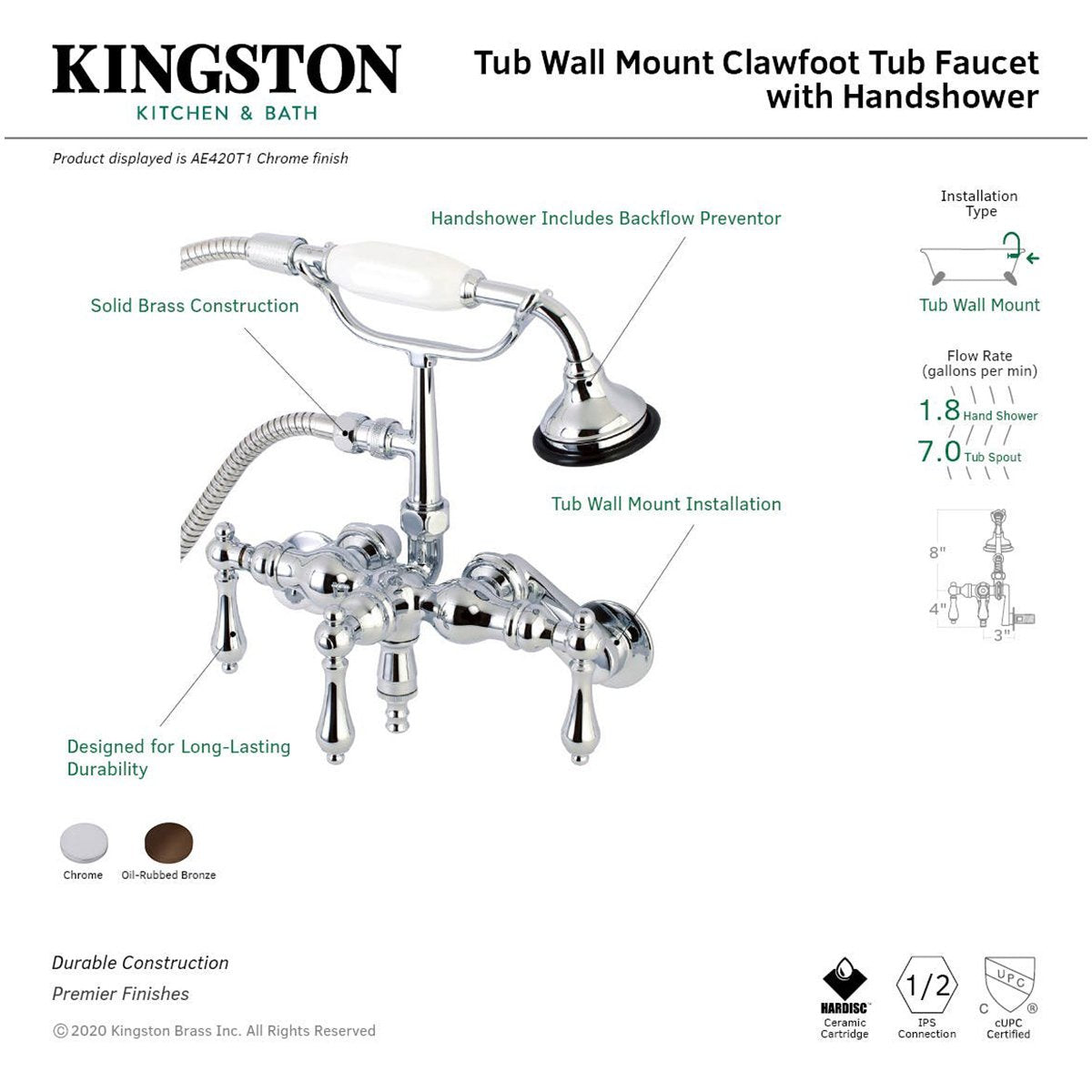 Kingston Brass AE419TX-P Aqua Vintage 3-3/8-Inch Adjustable Wall Mount Clawfoot Tub Faucet with Hand Shower