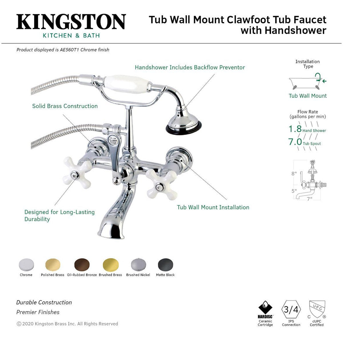Kingston Brass Aqua Vintage 7-Inch Wall Mount Tub Faucet with Hand Shower