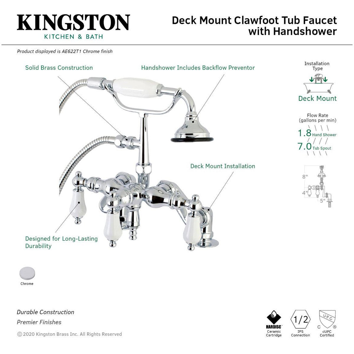 Kingston Brass AE621TX-P Aqua Vintage 3-3/8-Inch Adjustable Deck Mount Tub Faucet with Hand Shower in Polished Chrome