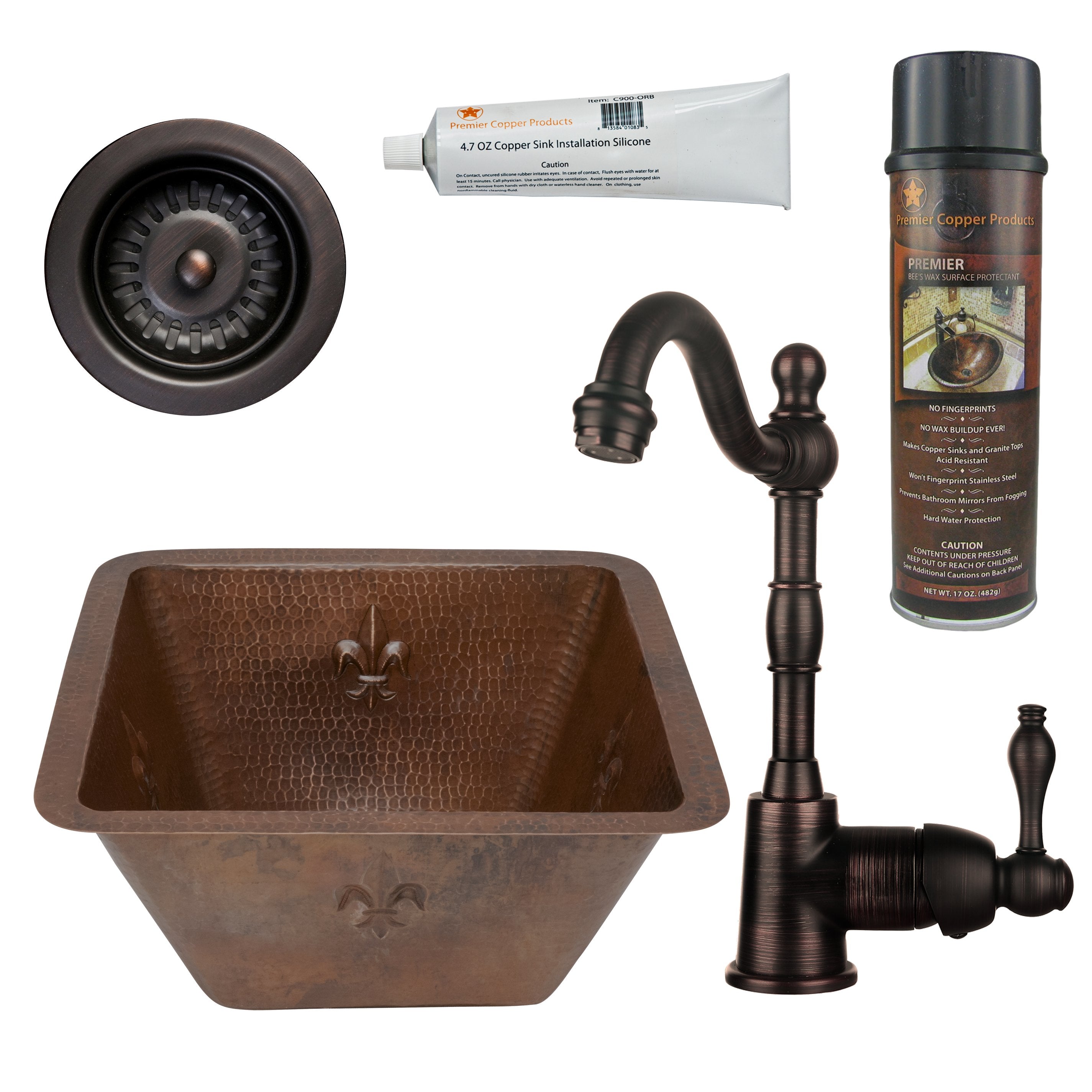 Premier Copper Products - BSP4_BS15FDB Bar/Prep Sink, Faucet and Accessories Package-DirectSinks