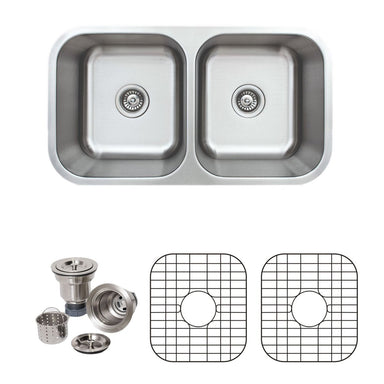 Wells Sinkware 33-Inch 18-Gauge Undermount 50/50 Double Bowl Stainless Steel Kitchen Sink with Grid Rack and Basket Strainer-Kitchen Sinks Fast Shipping at Directsinks.