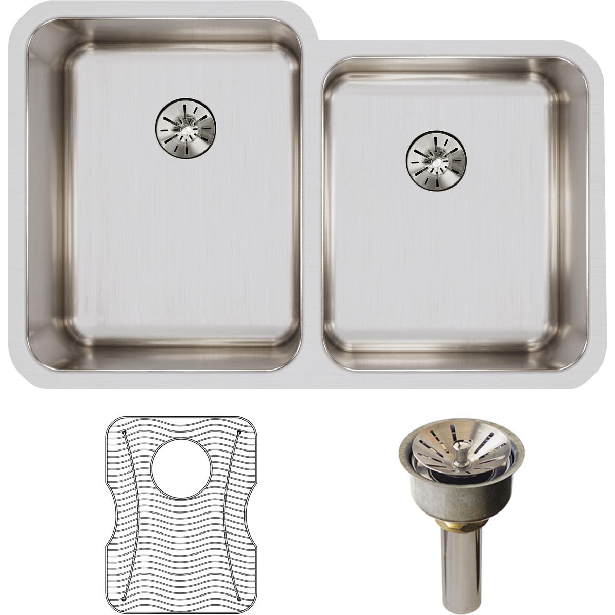 Elkay Lustertone Classic Stainless Steel 31-1/4" x 20-1/2" x 9-7/8" Double Bowl Undermount Sink Kit with Perfect Drain