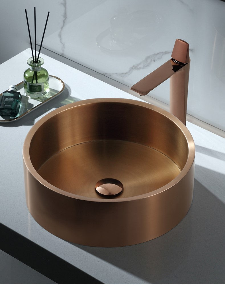 15 3/4" Round Thick Rim Stainless Steel Bathroom Vessel Sink with Drain in Rose Gold