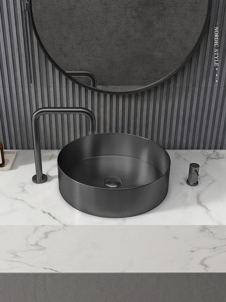 15" Round Stainless Steel Bathroom Vessel Sink with Drain in Black