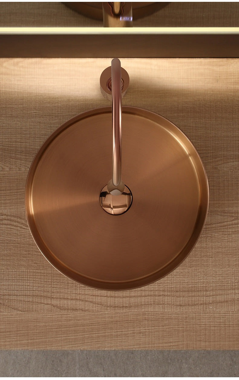 15" Round Stainless Steel Bathroom Vessel Sink with Drain in Rose Gold