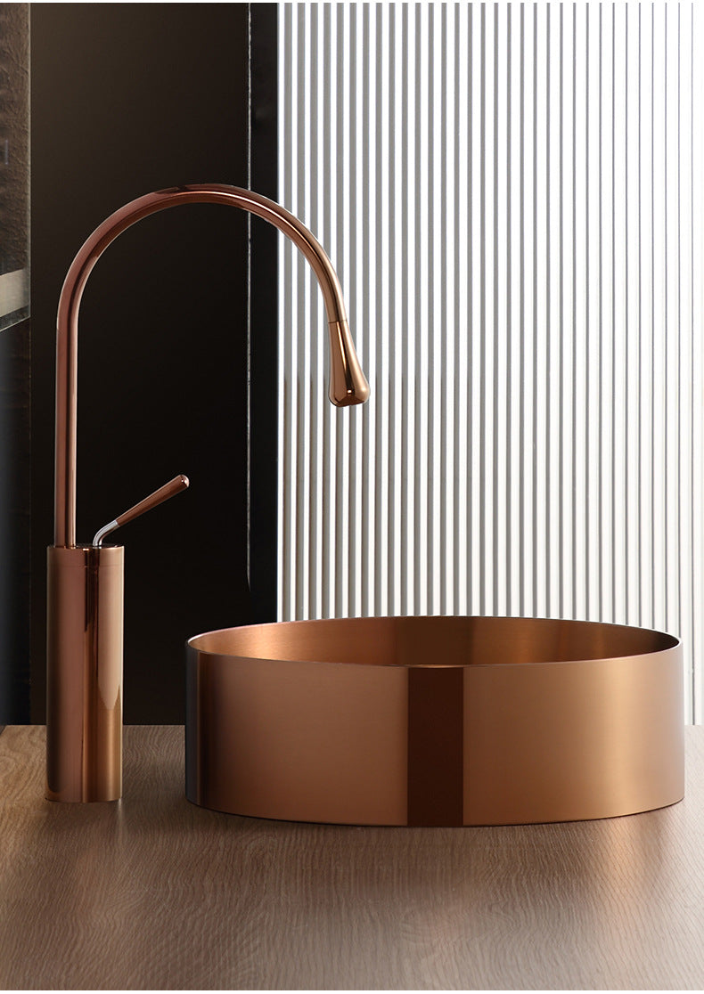 15" Round Stainless Steel Bathroom Vessel Sink with Drain in Rose Gold