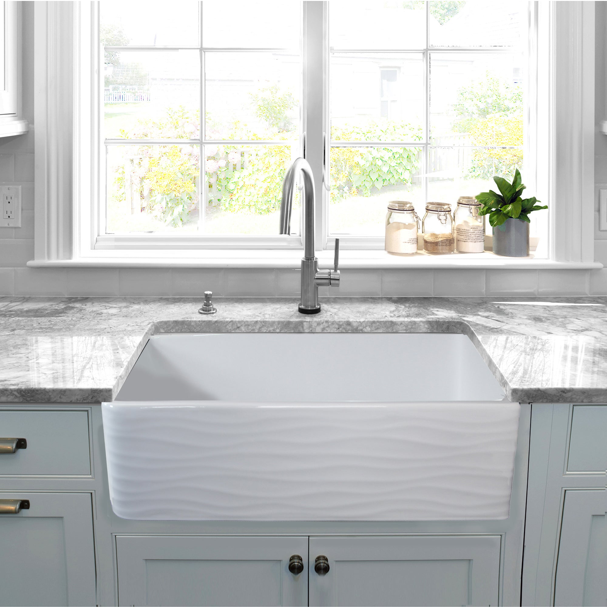 Nantucket Sinks 33" Farmhouse Fireclay Sink with Waves Apron