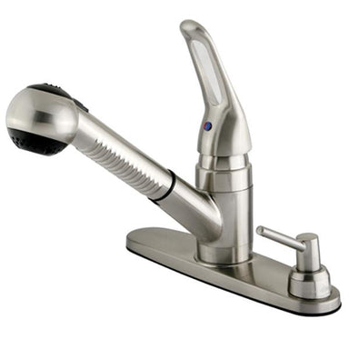 Kingston Brass Water Saving Wyndham Pull-out Kitchen Faucet with Single Loop Handle, Matching Wand and Soap Dispenser-Kitchen Faucets-Free Shipping-Directsinks.
