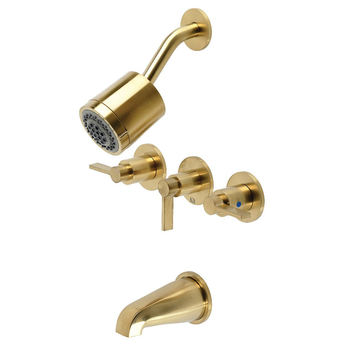 Kingston Brass NuvoFusion Three-Handle Tub and Shower Faucet in Brushed Brass