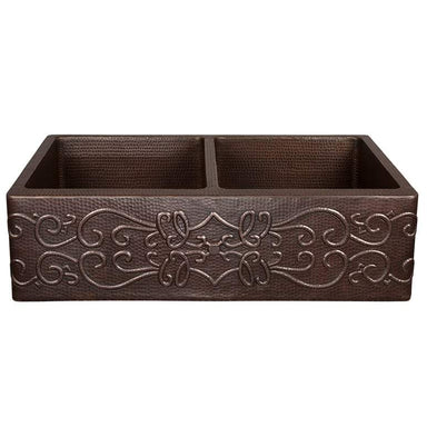 Premier Copper Products 33" Hammered Copper Kitchen Apron 50/50 Double Basin Sink with Scroll Design-DirectSinks