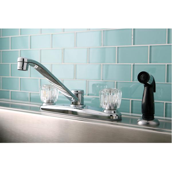 Kingston Brass Americana Twin Acrylic Handle 8" Kitchen Faucet with Non-Metallic Sprayer in Polished Chrome-Kitchen Faucets-Free Shipping-Directsinks.