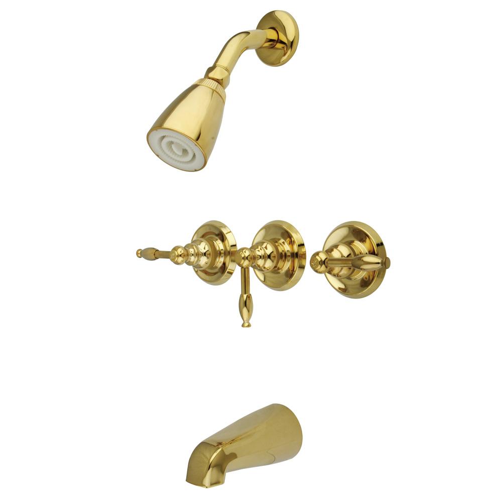Kingston Brass Magellan Three Handle Tub and Shower Faucet in Polished Brass-Shower Faucets-Free Shipping-Directsinks.