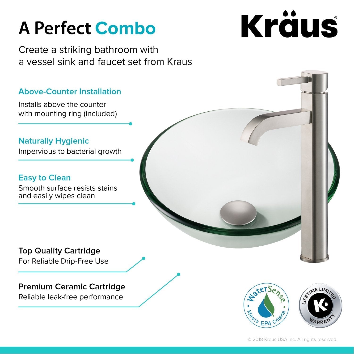 KRAUS 14-Inch Clear Glass Bathroom Vessel Sink and Ramus Faucet Combo Set with Pop-Up Drain-Bathroom Sinks & Faucet Combos-DirectSinks