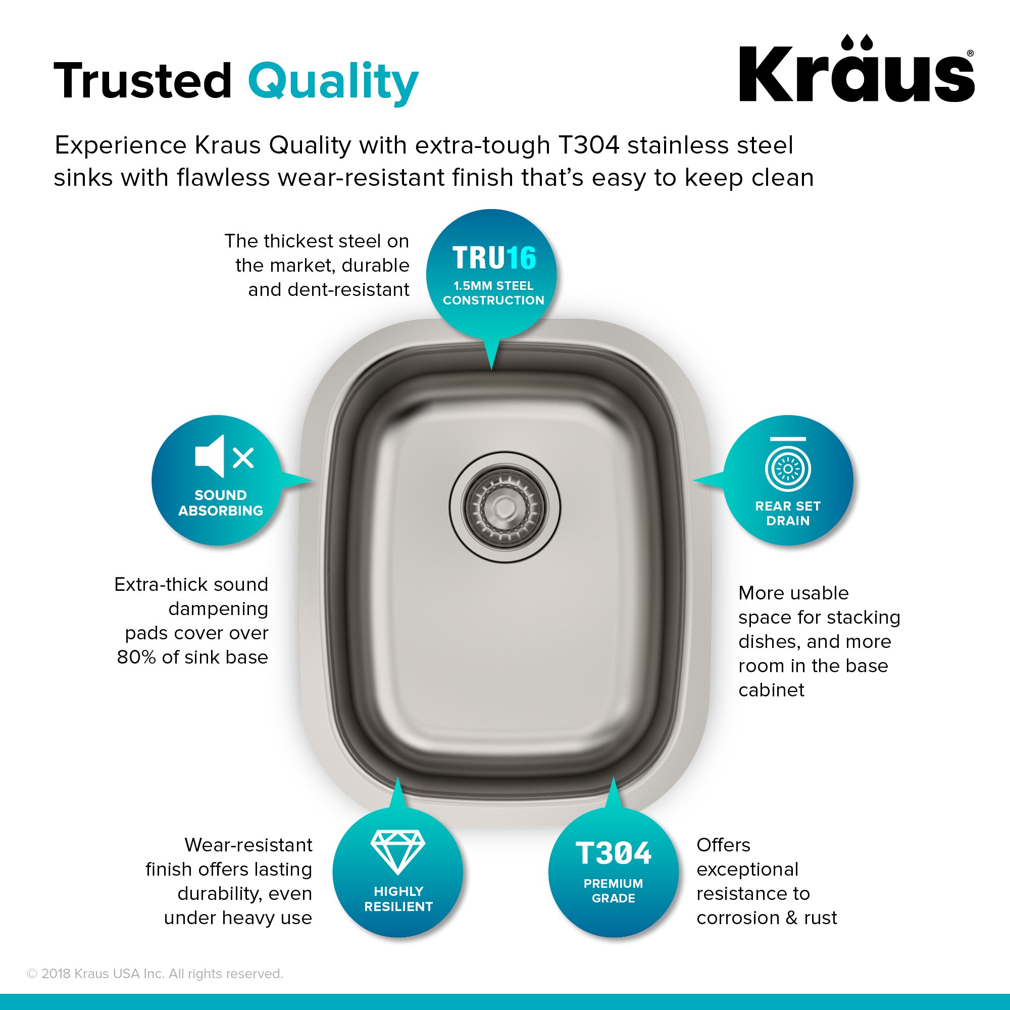 KRAUS 15" Undermount Single Bowl 18 Gauge Stainless Steel Bar Sink with NoiseDefend Soundproofing-Kitchen Sinks-DirectSinks