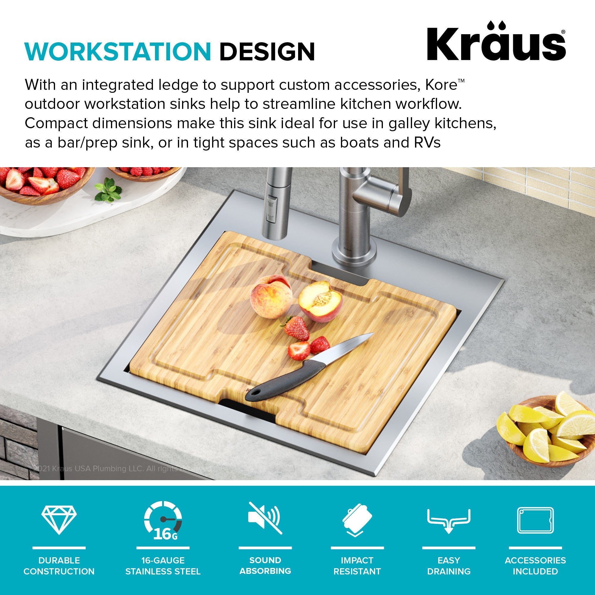 KRAUS 15"x 15" Outdoor Marine Grade Workstation Drop-In T316 Stainless Steel Bar Sink