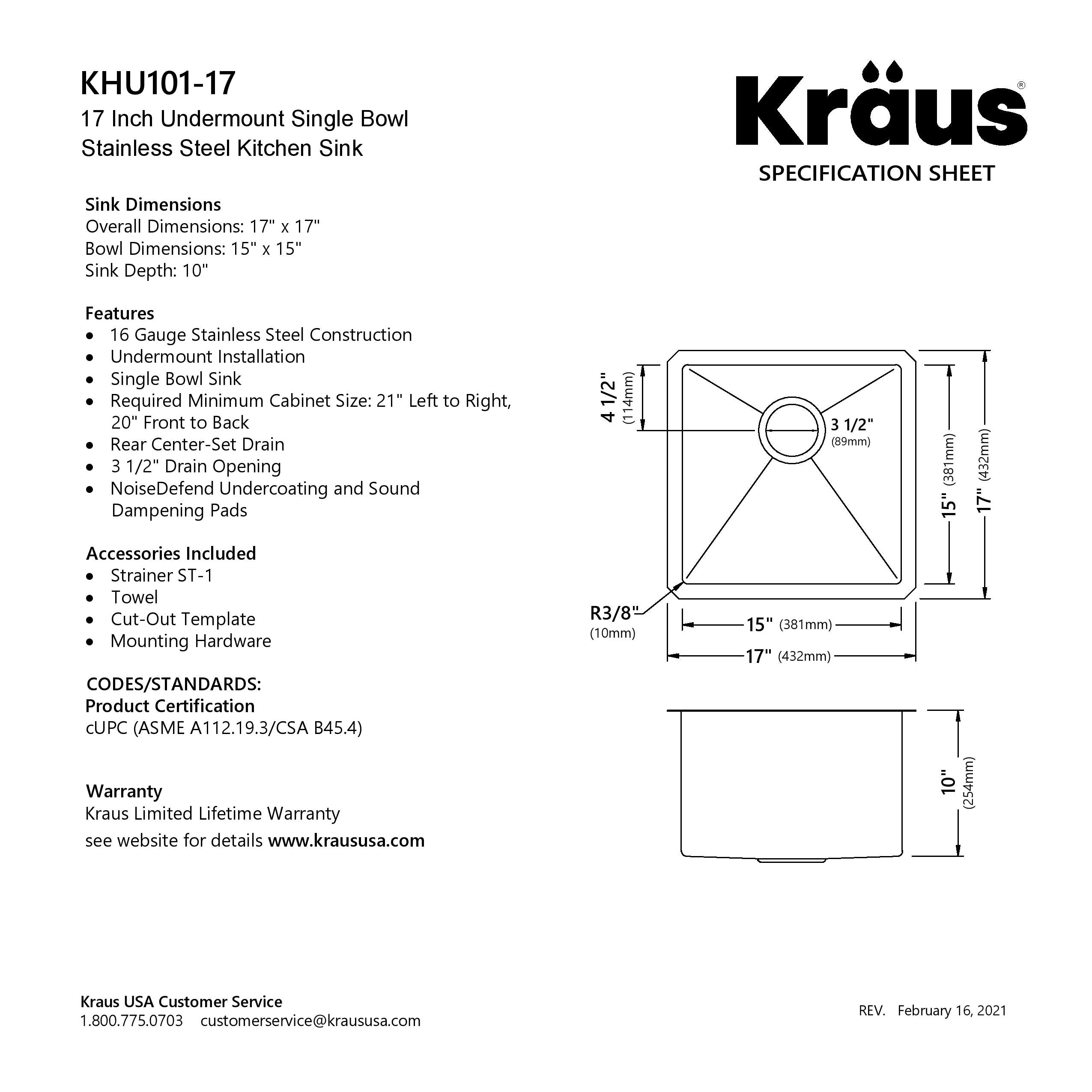 KRAUS 17" Undermount Single Bowl Stainless Steel Kitchen Bar Sink-Kitchen Sinks-DirectSinks