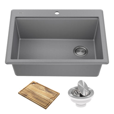 KRAUS 28” Drop-In Granite Composite Workstation Kitchen Sink in Metallic Grey-DirectSinks