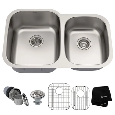 KRAUS 32" Undermount 60/40 Double Bowl 16 Gauge Stainless Steel Kitchen Sink with NoiseDefend Soundproofing-Kitchen Sinks-DirectSinks