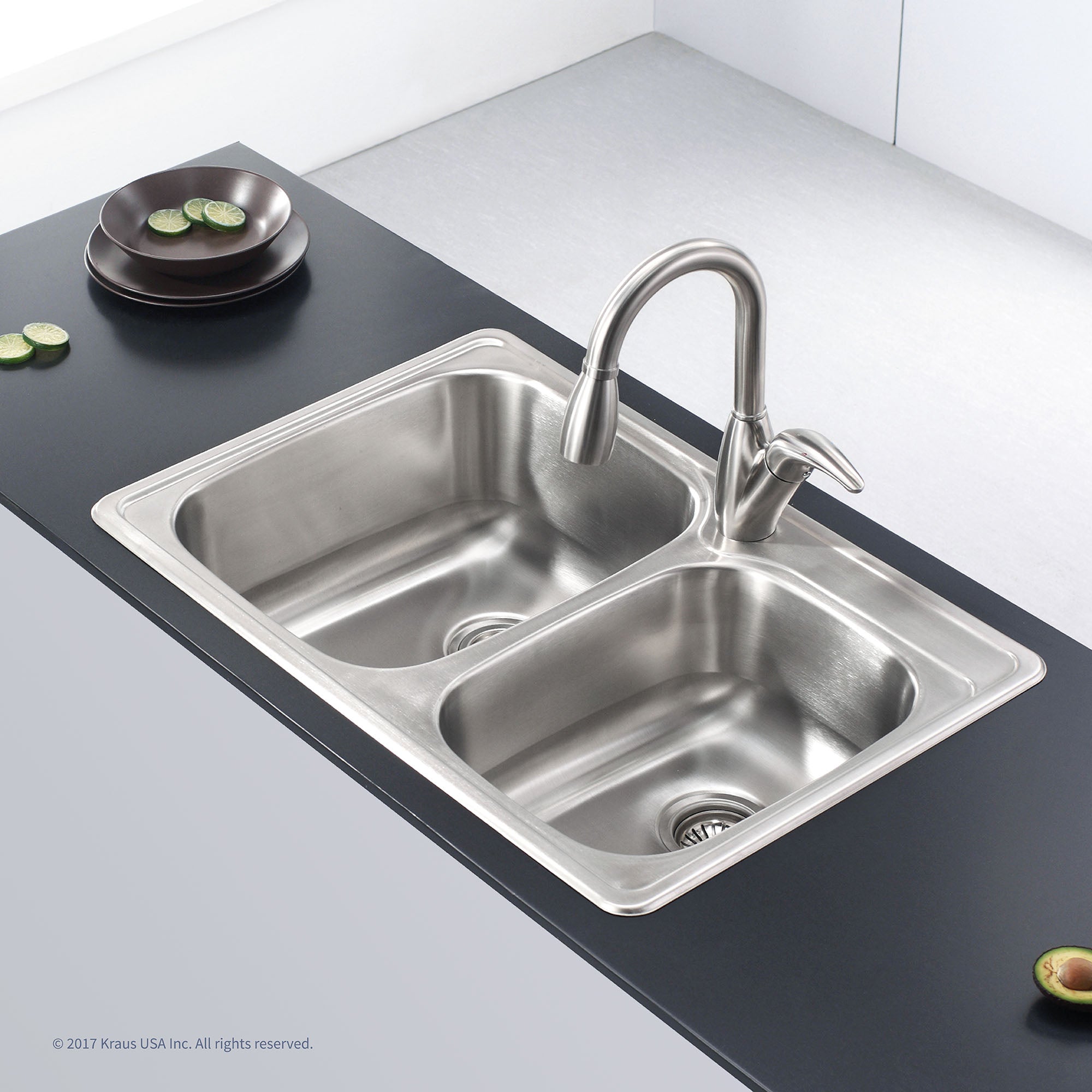KRAUS 33" Topmount 60/40 Double Bowl 18 Gauge Stainless Steel Kitchen Sink with NoiseDefend Soundproofing-Kitchen Sinks-DirectSinks