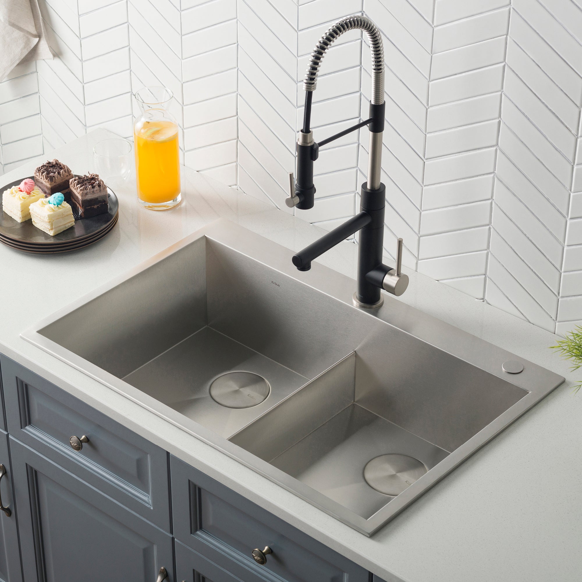 KRAUS 33" x 22" Pax Drop-In Topmount Zero-Radius Double Bowl Stainless Kitchen Sink-Kitchen Sinks-DirectSinks
