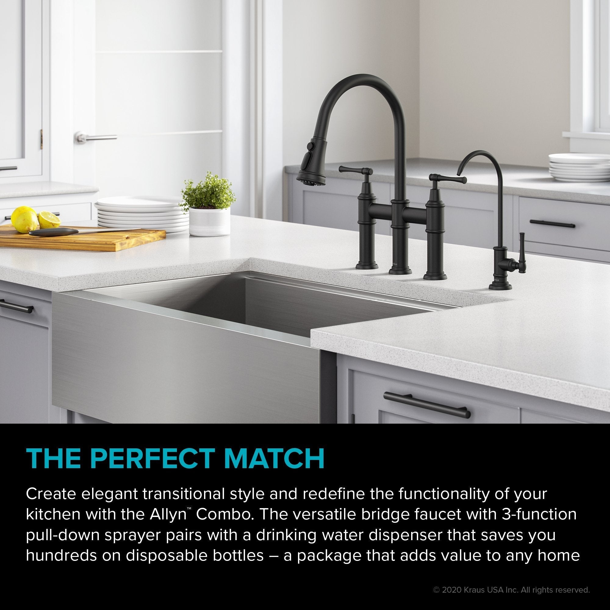 KRAUS Allyn Transitional Bridge Kitchen Faucet & Water Filter Faucet in Matte Black KPF-3121-FF-102MB | DirectSinks