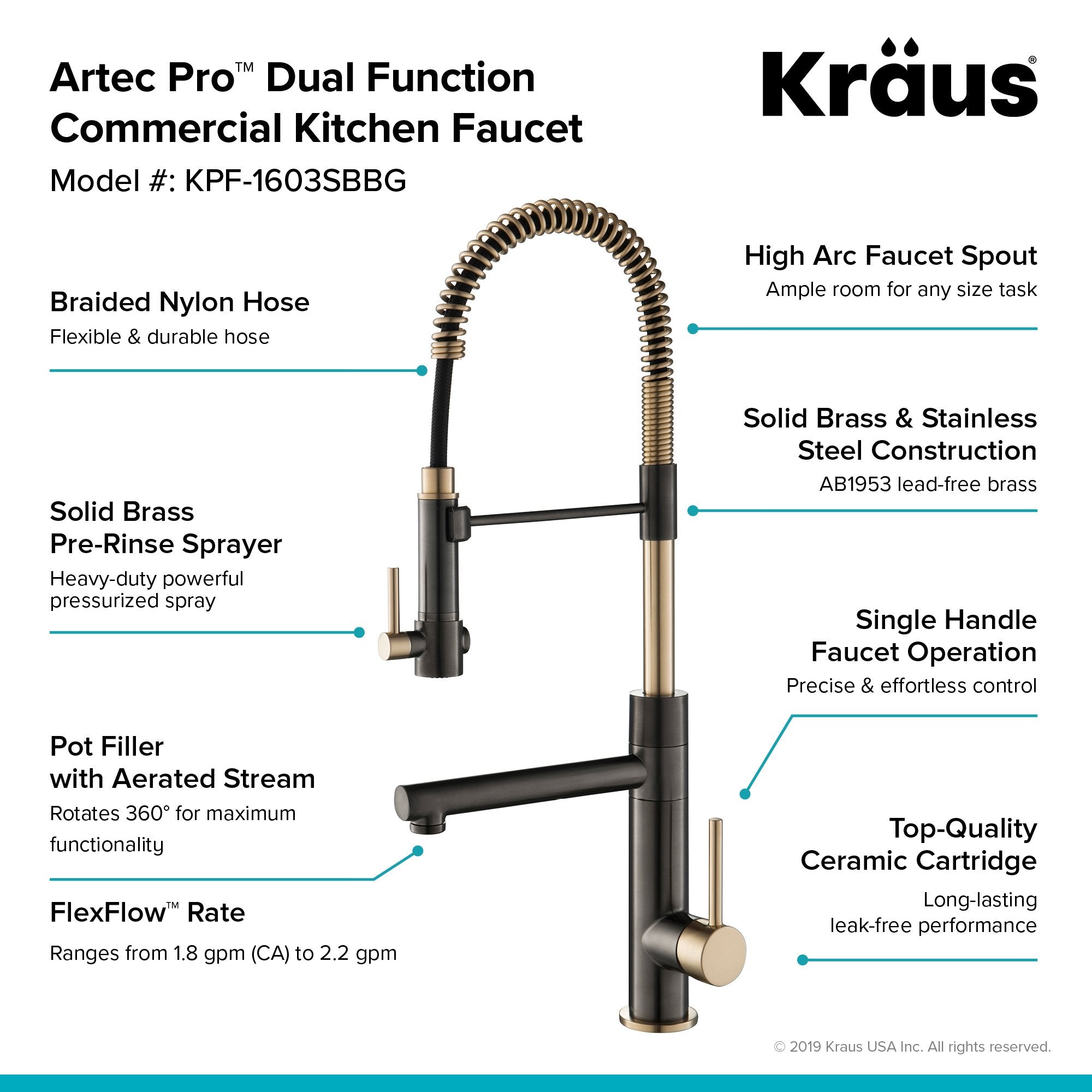 KRAUS Artec Pro 2-Function Commercial Style Pre-Rinse Kitchen Faucet in Black Stainless/Brushed Gold KPF-1603SBBG | DirectSinks