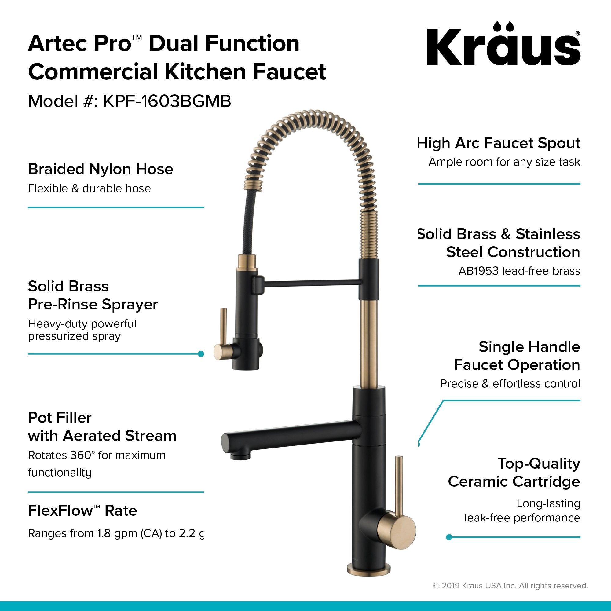 KRAUS Artec Pro 2-Function Commercial Style Pre-Rinse Kitchen Faucet in Brushed Gold/Matte Black KPF-1603BGMB | DirectSinks