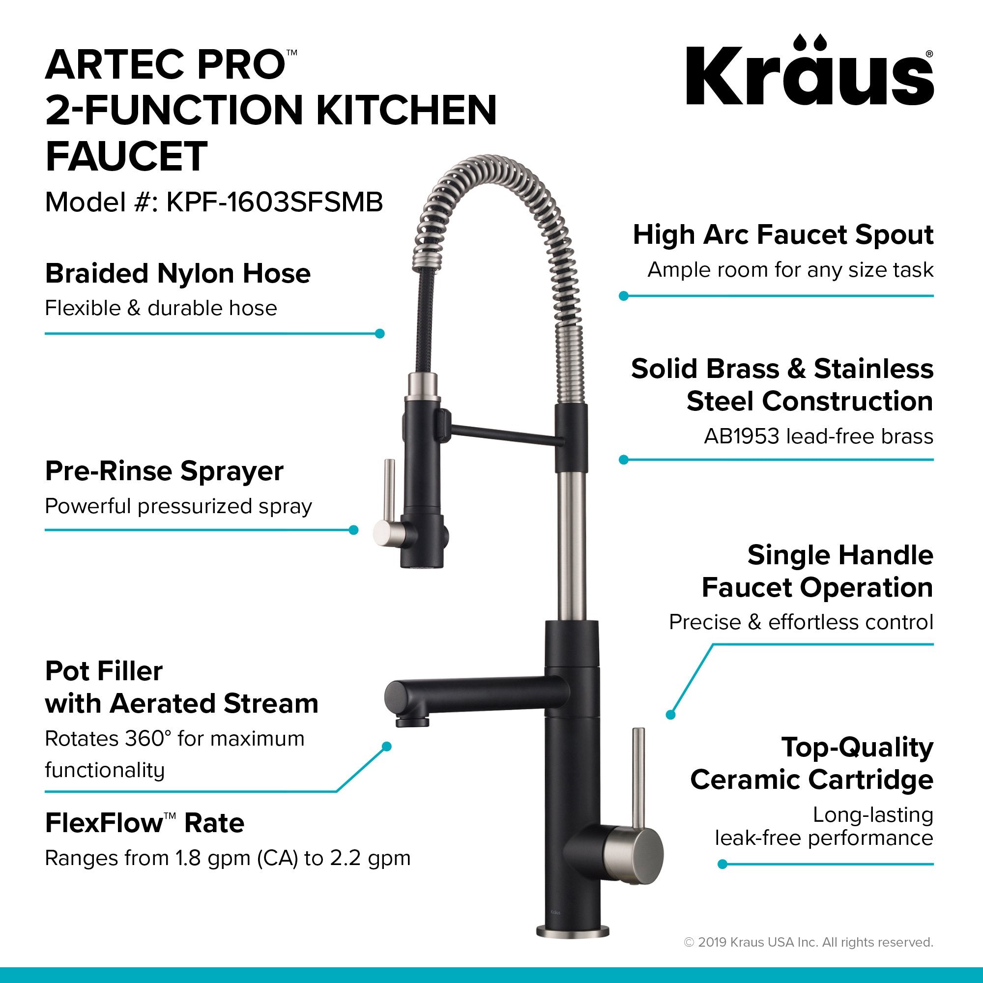 KRAUS Artec Pro 2-Function Commercial Style Pre-Rinse Kitchen Faucet in Spot Free Stainless Steel/Matte Black KPF-1603SFSMB | DirectSinks