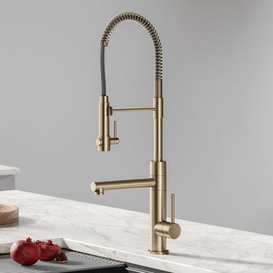 KRAUS Artec Pro 2-Function Commercial Style Pre-Rinse Kitchen Faucet with Matching Deck Plate in Spot Free Antique Champagne Bronze KPF-1603-DP03SFACB | DirectSinks