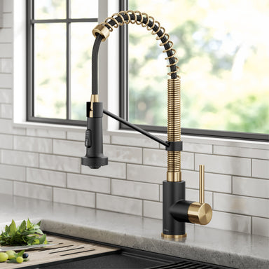 KRAUS Bolden 18-Inch Commercial Kitchen Faucet with Pull-Down Sprayhead in Brushed Brass & Matte Black-Kitchen Faucets-DirectSinks