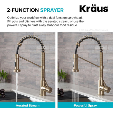 KRAUS Bolden Commercial Style Pull-Down Kitchen Faucet and Purita Water Filter Faucet Combo in Spot Free Antique Champagne Bronze KPF-1610-FF-100SFACB | DirectSinks