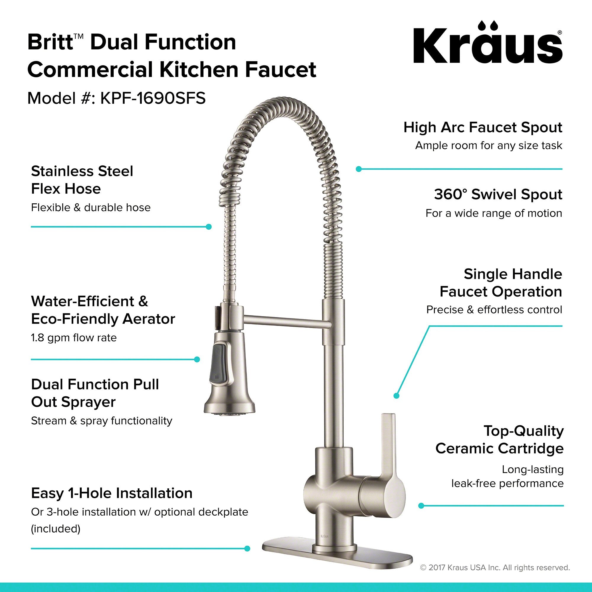 KRAUS Britt Commercial Style Kitchen Faucet in All-Brite Spot Free Stainless Steel KPF-1690SFS | DirectSinks