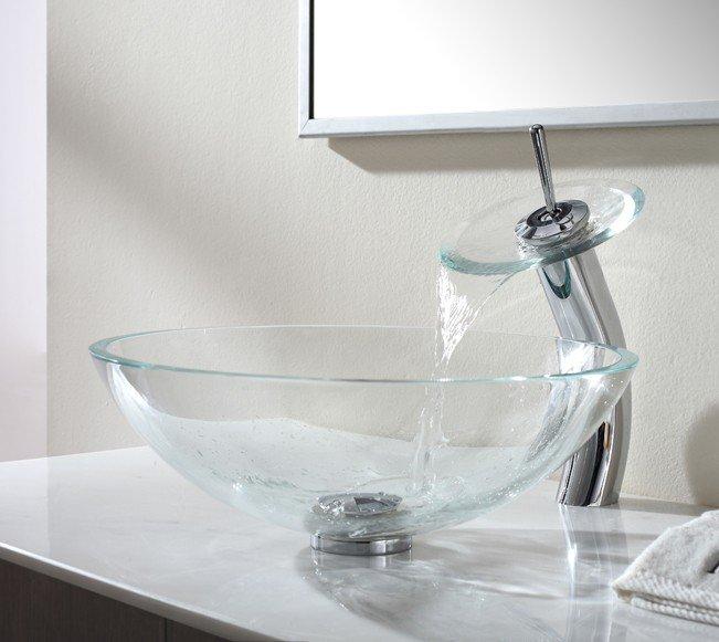 Kraus Crystal Clear Glass Vessel Sink and Waterfall Faucet-Bathroom Sinks & Faucet Combos-DirectSinks