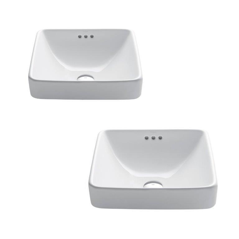 KRAUS Elavo Square Semi-Recessed Vessel White Porcelain Bathroom Sink with Overflow, 16 1/2 " (2-Pack)-Bathroom Sinks-KRAUS