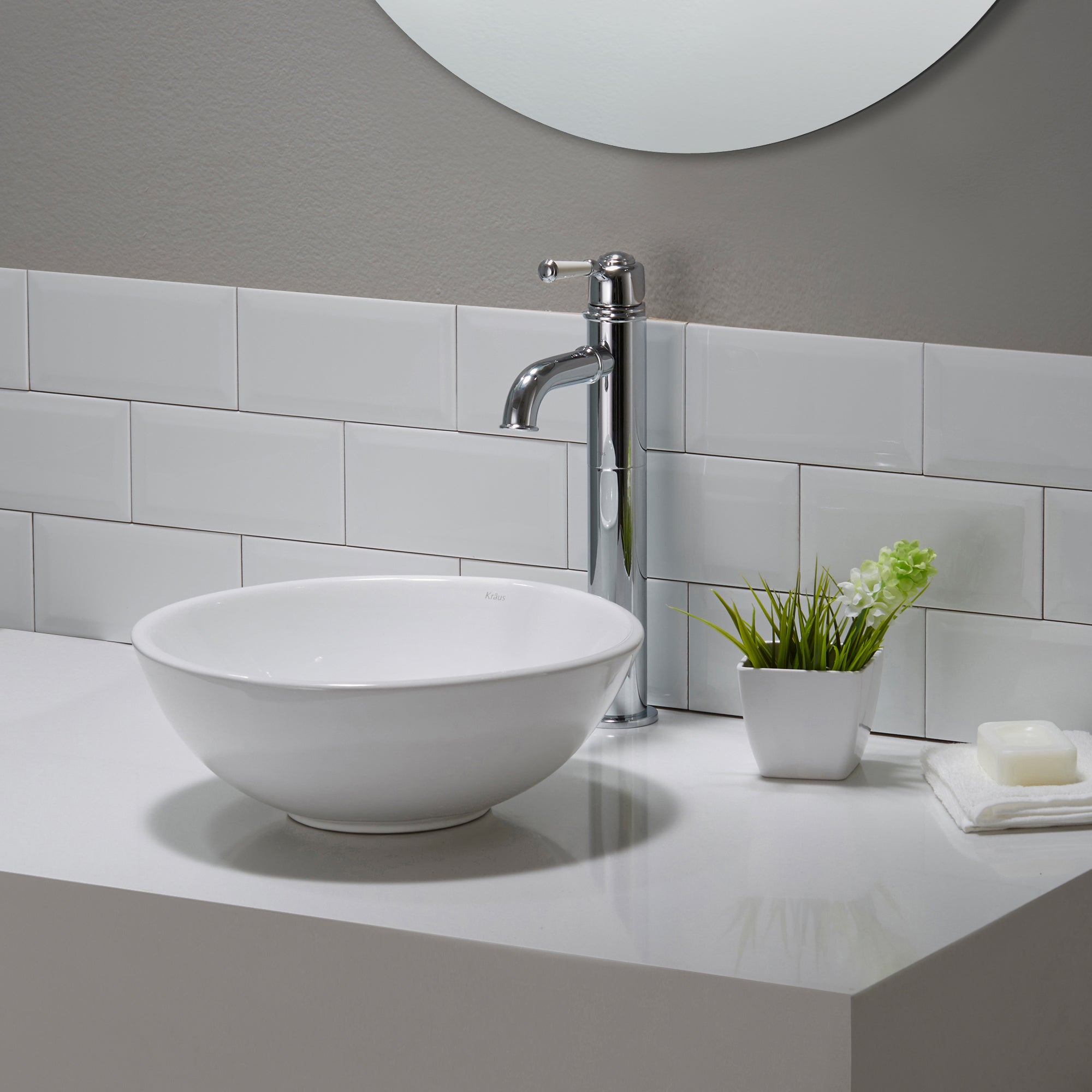 KRAUS ElavoWhite Ceramic Small Round Vessel Bathroom Sink & Pop Up drain-Bathroom Sinks-DirectSinks