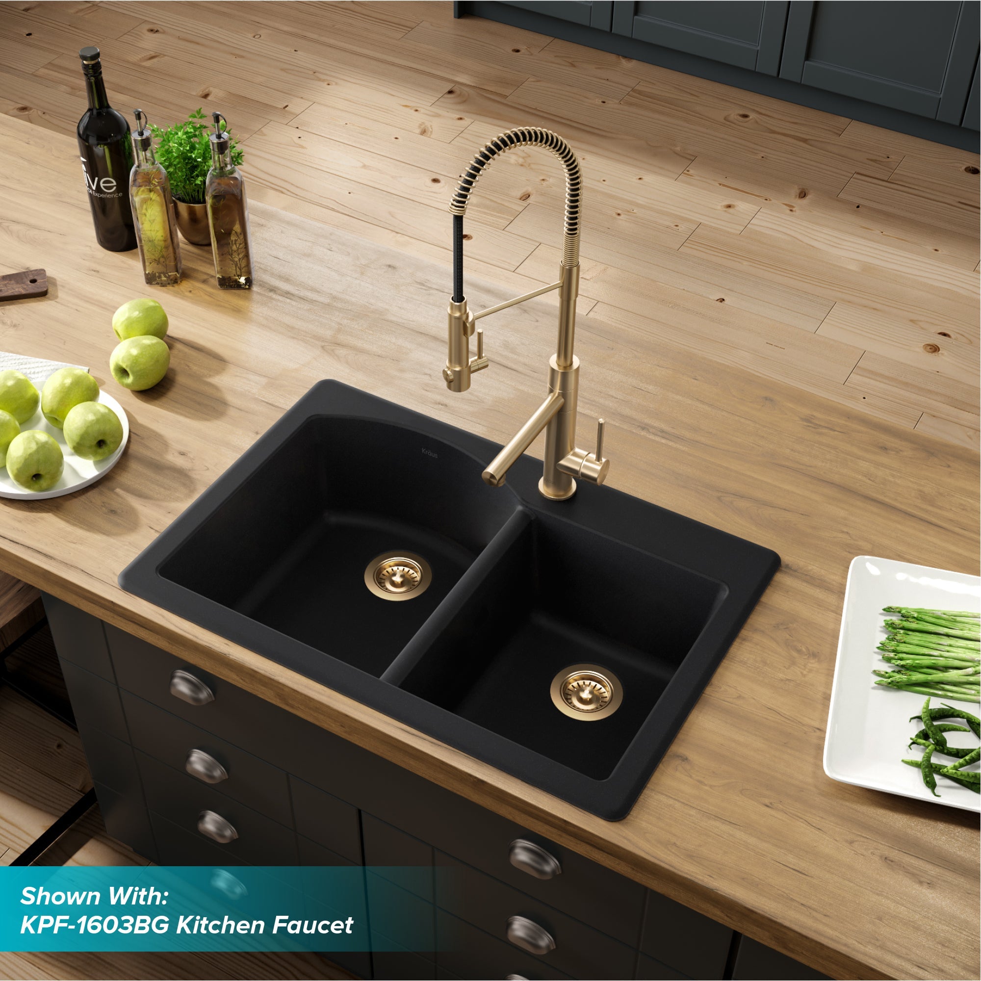 KRAUS Forteza 33" Dual Mount 60/40 Double Bowl Granite Kitchen Sink in Black-Kitchen Sinks-DirectSinks