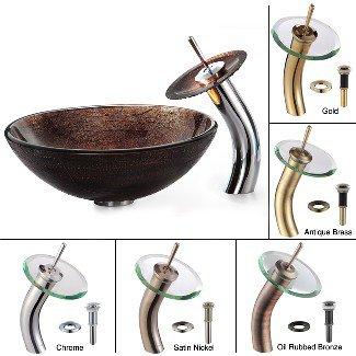 KRAUS Illusion Glass Vessel Sink in Brown with Single Hole Single-Handle Waterfall Faucet in Oil Rubbed Bronze-DirectSinks