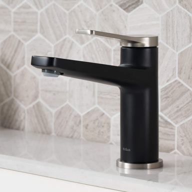 KRAUS Indy Single Handle Bathroom Faucet with Matching Pop-Up Drain in Spot Free Stainless Steel/Matte Black/Satin Nickel-Bathroom Faucets-DirectSinks