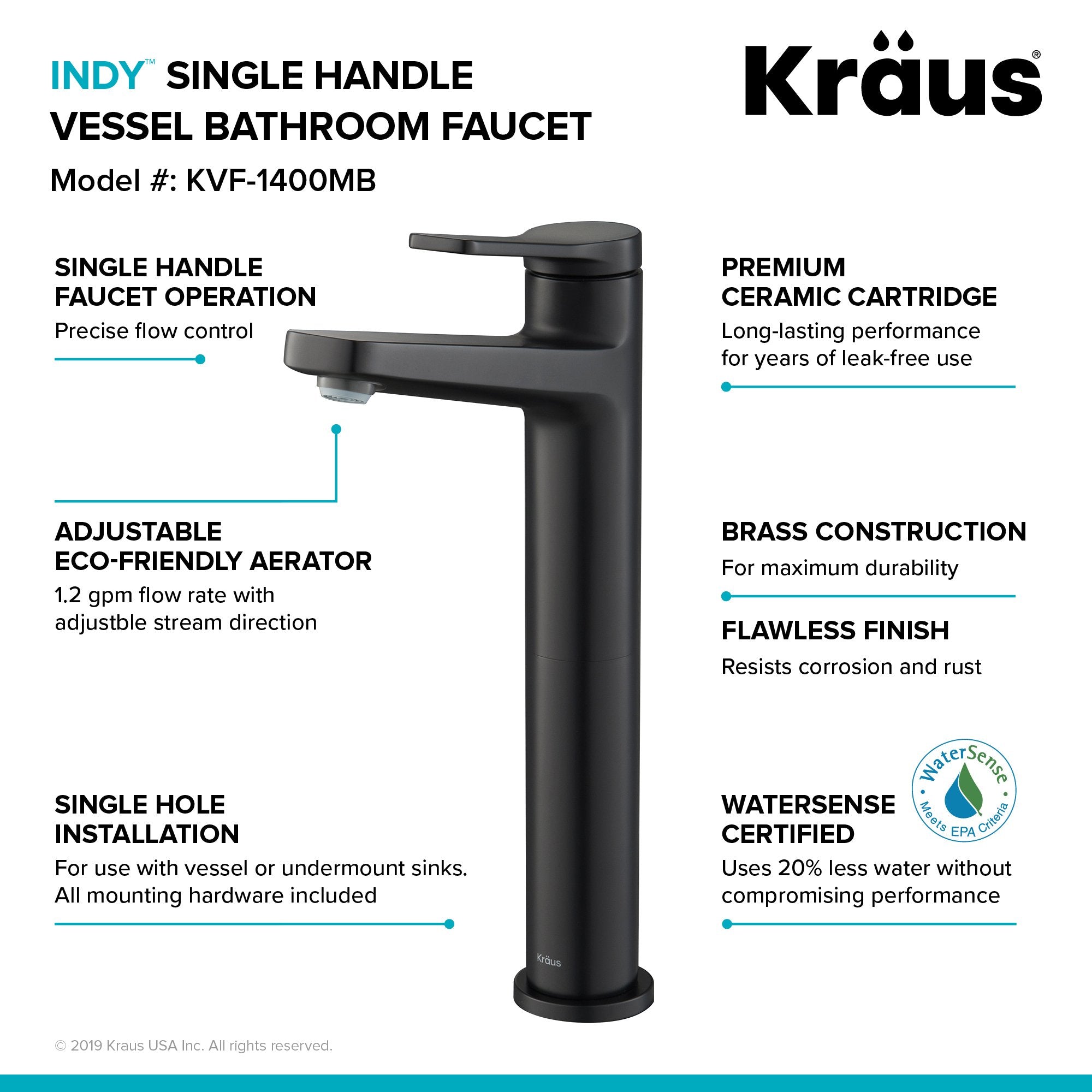 KRAUS Indy Single Handle Vessel Bathroom Faucet in Matte Black KVF-1400MB | DirectSinks